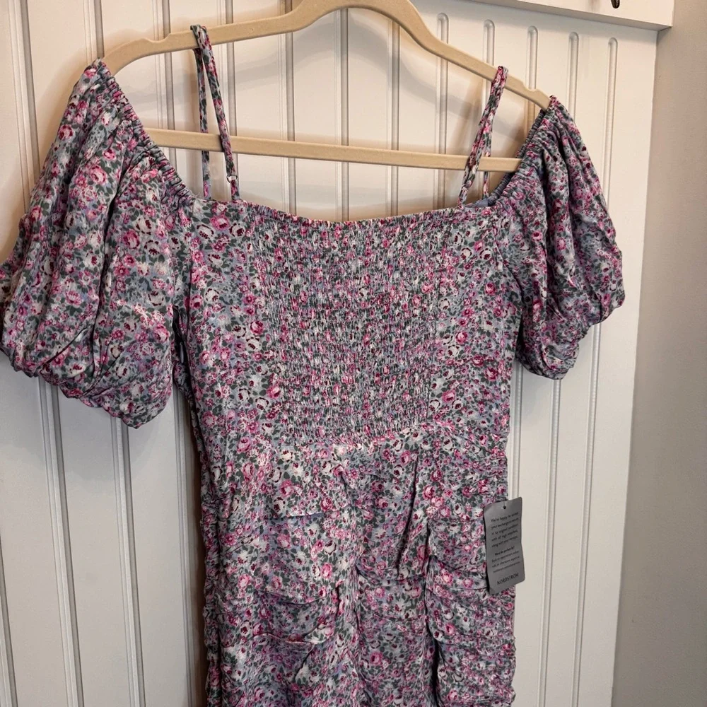 Astr The Label Pink Blue Ditzy Floral Off-Shoulder Garden Girl Weddng Min Dress - Picture 7 of 8